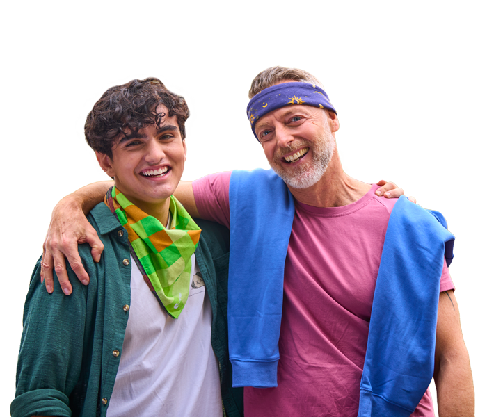 two males with their arms around one another wearing canteen bandannas