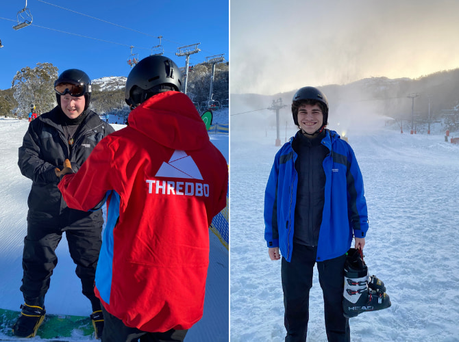 day one of the trip: image one is of a young person on a snowboard with another person in a red thredbo jacket. image two is of a young person in a blue jacket standing on snow