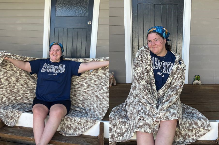 tara with her blankets she crocheted