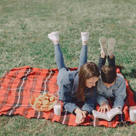 Siblings reading in a park