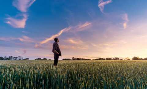 Teenage boy looking at sky in a field