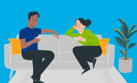 illustration of two young people sitting on a couch