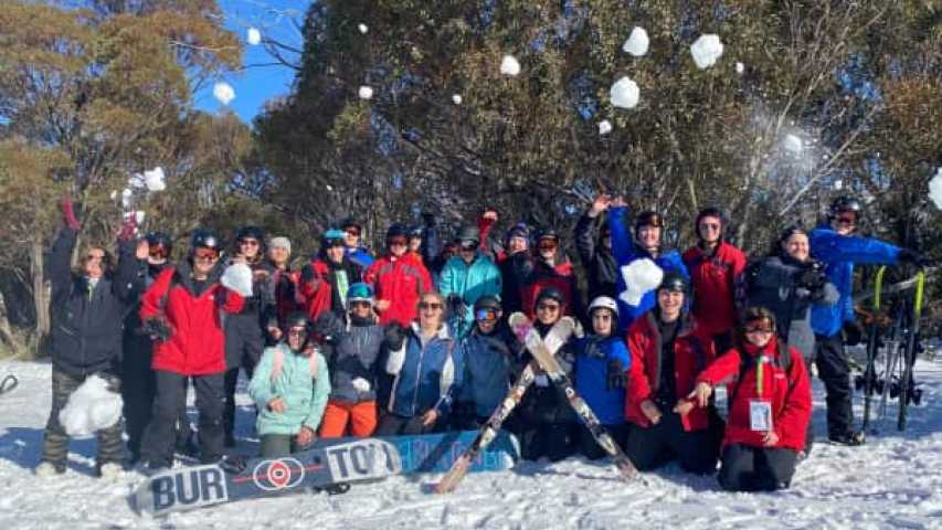 group of young people, staff and volunteers at the Canteen Australia Winter Retreat in Thredbo