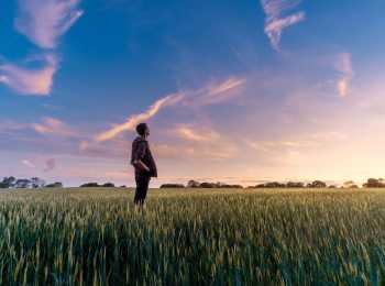 Teenage boy looking at sky in a field