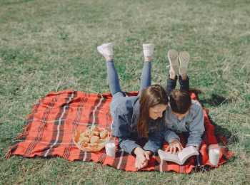 Siblings reading in a park